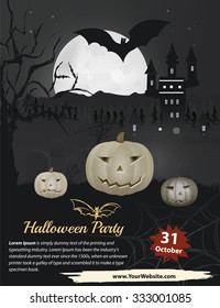 Halloween Party in vector. Pumpkin near forest and castle on the dark grey background. Black and white cover for flyer or poster