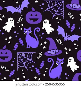 Halloween party vector seamless pattern purple black