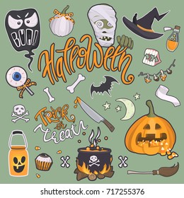 Halloween party. Vector set of halloween elements. Cheerful lettering and traditional halloween attributes: pumpkin with a treat, witch hat, cauldron, skull and crossbones and etc.