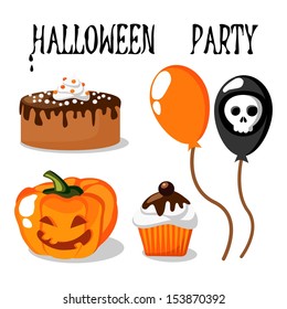Halloween party vector set with food, balloons, pumpkin and skull
