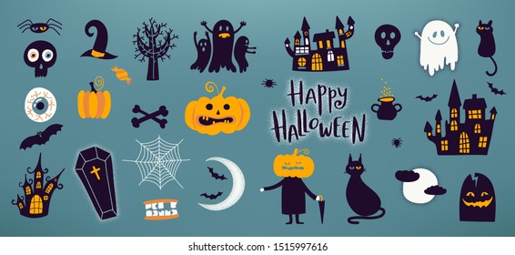 Halloween party vector set. Party invitation. Cartoon scary elements illustration. 
