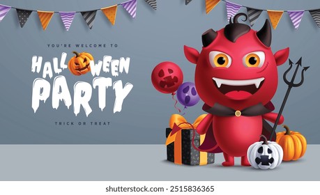 Projeto de modelo de vetor de festa de Halloween. Trick ou trate o cartão de convite da festa de halloween com monstro demônio bonito, abóboras e elementos da caixa de presente para o fundo da celebração do feriado. Ilustração vetorial 