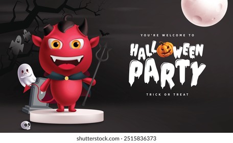 Diseño de Plantilla de Vector de fiesta de Halloween. Tarjeta de invitación de halloween de truco o trato con el personaje del monstruo demonio rojo en el escenario del podio para la promoción de volantes nocturnos espeluznantes. Ilustración vectorial fiesta de terror 