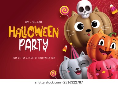 Halloween party vector template design. Halloween invitation card with cute cat pumpkins characters for kids costume party flyers background. Vector illustration holiday spooky celebration promotion. 