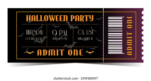 Halloween party vector ticket with bats