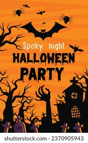 Halloween party vertical background, haunted house. Flyer or invitation template for Halloween party. Vector illustration.