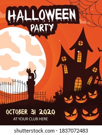 halloween party vertical background with pumpkin,house,moon,spider. Flyer ,invitation template for Halloween party