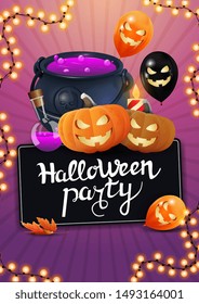 Halloween party, vertical invitation poster with witch's cauldron, Halloween ballons, garland and pumpkin Jack