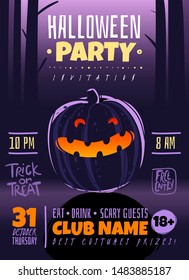 Halloween party vertical poster template design pumpkin lantern dark forest background cartoon style