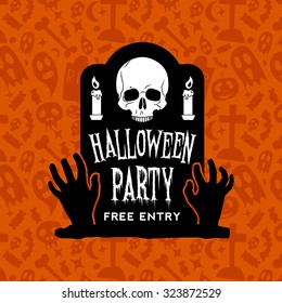 halloween party vintage badge on orange seamless background. happy halloween emblem with grave, skull, zombie hands, candle