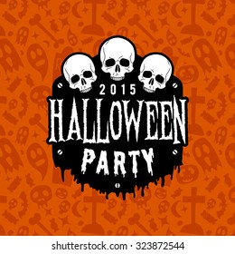 halloween party vintage badge on orange seamless background. happy halloween emblem with skulls