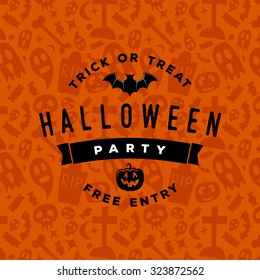 halloween party vintage badge on orange seamless background. happy halloween emblem with bat, pumpkin
