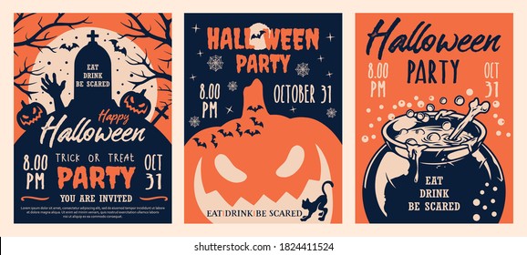 Halloween party vintage brochures with zombie hand scary pumkins tombstone on hill witch cauldron with magic potion and bone vector illustration