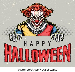 Halloween party vintage colorful concept with scary evil clown with red nose and paper collar vector illustration