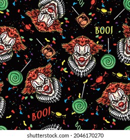 Halloween party vintage colorful seamless pattern with spooky clown heads with paper collar candies lollipops Boo inscriptions confetti vector illustration