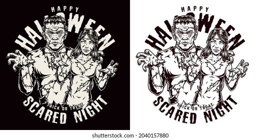 Halloween party vintage emblem in monochrome style with scary male and female zombies sewn from different parts isolated vector illustration