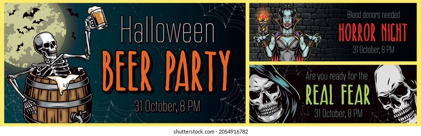 Halloween party vintage horizontal banners with skeleton sitting in barrel and holding beer mug scary vampire girl in cape skull spooky grim reaper in hood vector illustration