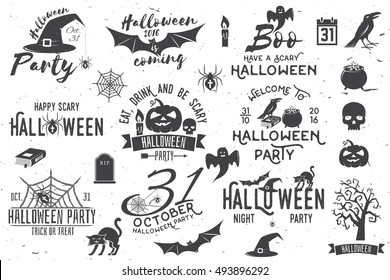 Halloween party vintage icon, emblem or label and design elements. Halloween set include cat, pumpkin, bat, crow, skull, tree, candle, ghost, spider, magic, book, hat, badges, ribbon and grave. Party.