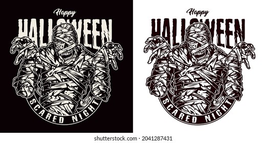 Halloween party vintage label with letterings and spooky mummy in monochrome style isolated vector illustration