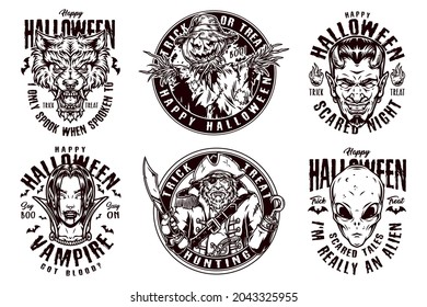 Halloween party vintage logos in monochrome style with angry bearded and mustached pirate creepy scarecrow scary alien vampire girl devil werewolf heads isolated vector illustration