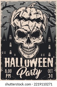 Halloween party vintage monochrome flyer skull with Jack-o-lantern pumpkin instead hat in front buildings and date October 31 vector illustration