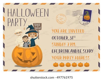 Halloween Party Vintage Postcard Invitation With Funny Kids In Carnival Costumes Mummy, Vampire And Witch Sitting In Pumpkin With Sign - Trick Or Treat. Halloween Postal Card, Vector Illustration