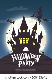 Halloween party. Vintage poster with castle,  pumpkin and witch. Greeting card, flyer, banner, poster template