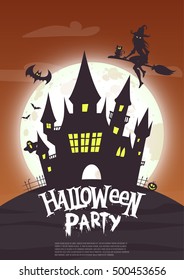 Halloween party. Vintage poster with castle,  pumpkin and witch. Greeting card, flyer, banner, poster template