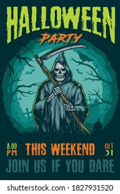 Halloween party vintage poster with grim reaper holding scythe on cemetery background vector illustration