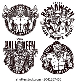 Halloween party vintage prints in monochrome style with scary devil cruel zombie egyptian mummy spooky male and female vampires isolated vector illustration