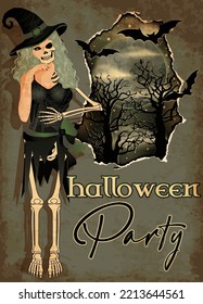 Halloween Party vip card, witch skeleton invites to the feast, vector  illustration