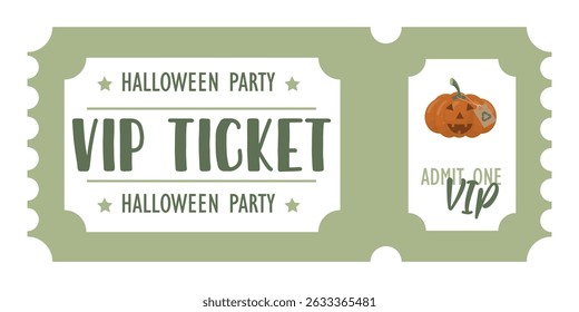 Halloween Party VIP Ticket Template Design Mockup. Green Halloween VIP party admission ticket. Eco-friendly halloween concept. Flat style. Vector illustration