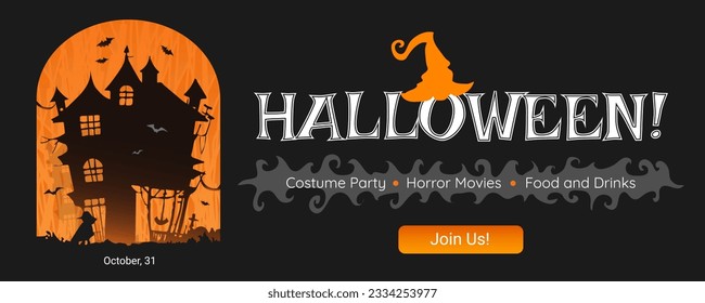 Halloween Party web banner, announce, invitation, vector illustration for a Spooky season, greeting with Halloween, internet banner.