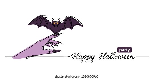 Halloween party web banner with bat. One continuous line drawing with text Happy Halloween party. Simple vector background, web banner, poster.