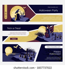 Halloween party web banners set. Happy Halloween night event landing page, invitation templates with Raven, the cemetery and castle cartoon vector illustration