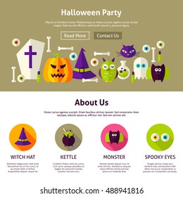 Halloween Party Web Design Template. Flat Style Vector Illustration for Website Banner and Landing Page. Trick or Treat.