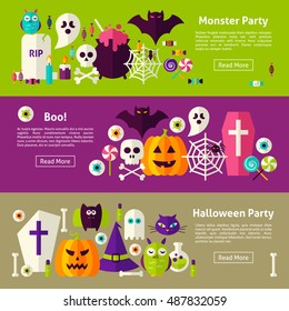 Halloween Party Web Horizontal Banners. Flat Style Vector Illustration for Website Header. Trick or Treat Objects.