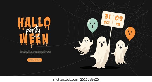 Halloween party, web page, banner, flyer. Three fun ghosts with balloons on a black background. Celebrate Halloween night on October 31, where fun and fear await all. Vector illustration.