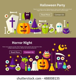 Halloween Party Website Banners. Vector Illustration for Web Header. Horror Night Modern Flat Design.