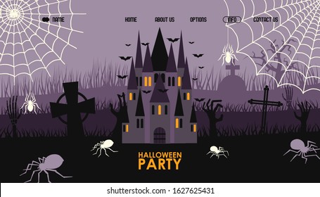 Halloween party website design, vector illustration. Landing page template with symbols of halloween celebration, haunted old castle, mysterious cemetery, creepy spiders and bats. Party invitation