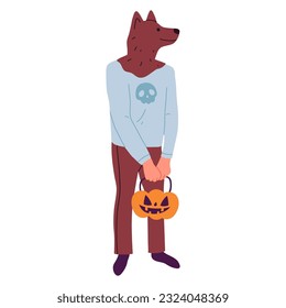 Halloween party werewolf character. Man wearing funny wolf masquerade costume, spooky Halloween holiday party costume flat vector illustration