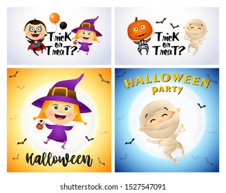 Halloween party white, blue banner set with witch, mummy. Halloween, October, trick or treat. Lettering can be used for greeting cards, invitations, announcements