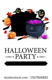 Halloween party, white poster with Halloween balloons, autumn leafs and witch's cauldron with potion. White template for your art