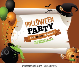 Halloween Party Witch Background A witch's hat, cauldron, and other scary items with space for your copy. EPS 10 vector, grouped for easy editing. No open shapes or paths.
