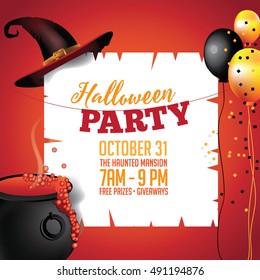 Halloween Party Witch Background. A witch's hat, cauldron, and other scary items with space for your copy. EPS 10 vector.