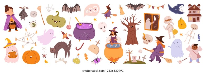 Halloween party witch and cauldron, cat and pumpkin set of flat cartoon icons. Vector illustration of tree and batmouse, full moon and ghost, cat and skeleton, house and cemetery