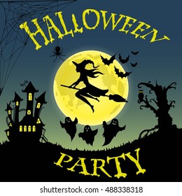 Halloween party. Witch, ghost, bat, moon, and other items on Halloween theme. Vector illustration.