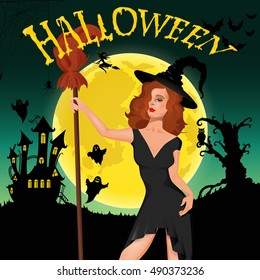 Halloween party. Witch, ghost, bat, moon, and other items on Halloween theme. Vector illustration.