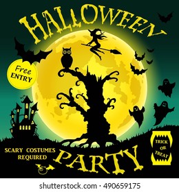 Halloween party. Witch, ghost, bat, moon, and other items on Halloween theme. Vector illustration.