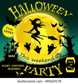 Halloween party. Witch, ghost, bat, moon, and other items on Halloween theme. Vector illustration.